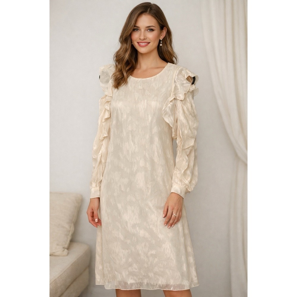 Doncaster cream textured ruffle shoulder long sleeve shift dress elegant 0